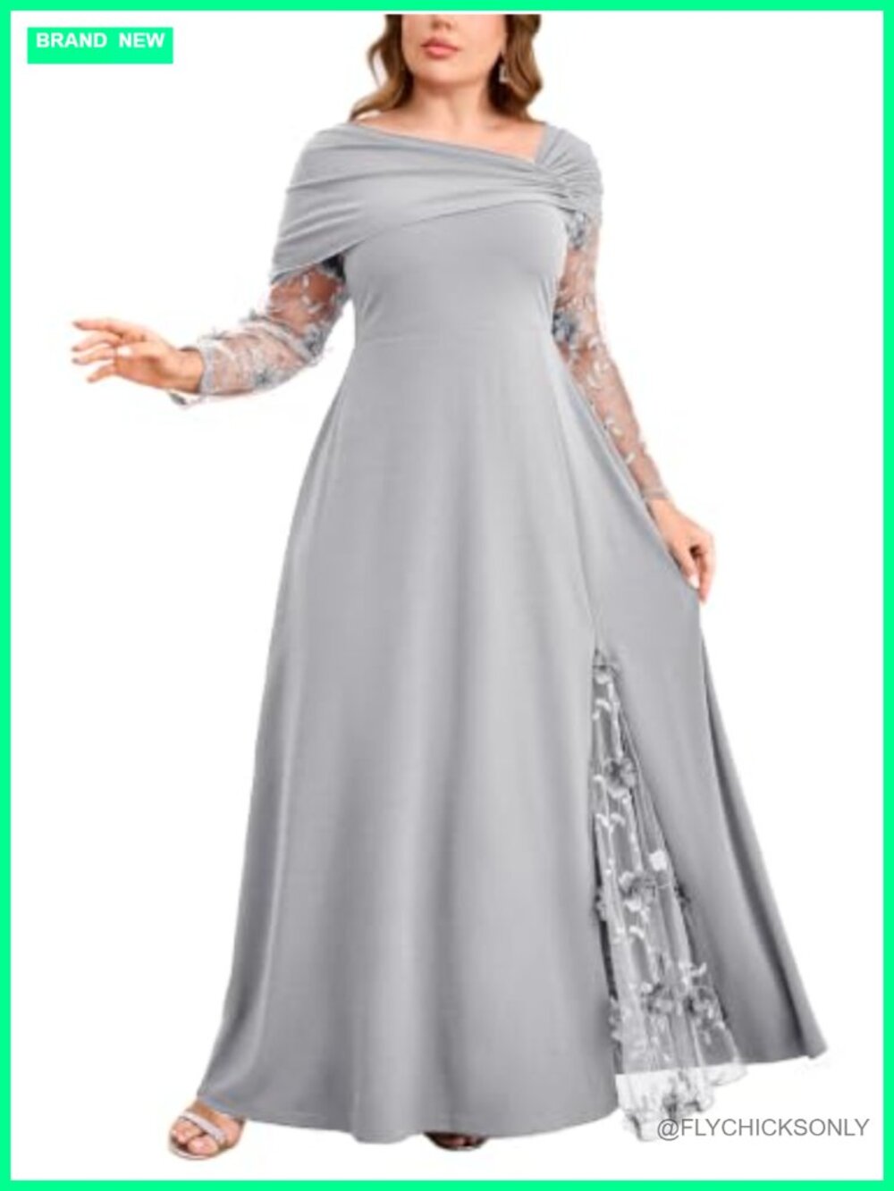 Plus Size A Line Maxi Formal Dress 3D Floral Mesh Sleeve Wedding Guest Gown